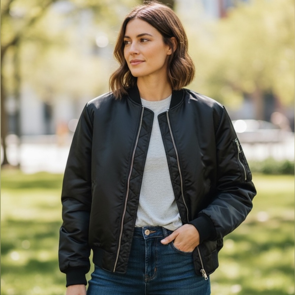 URBAN OUTFITTERS Dawn Satin Black Bomber Puffy Jacket!